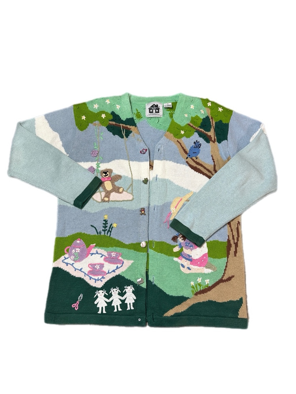 Storybook Knits Vintage Kids Park Play Picnic Sweater Cardigan Size M